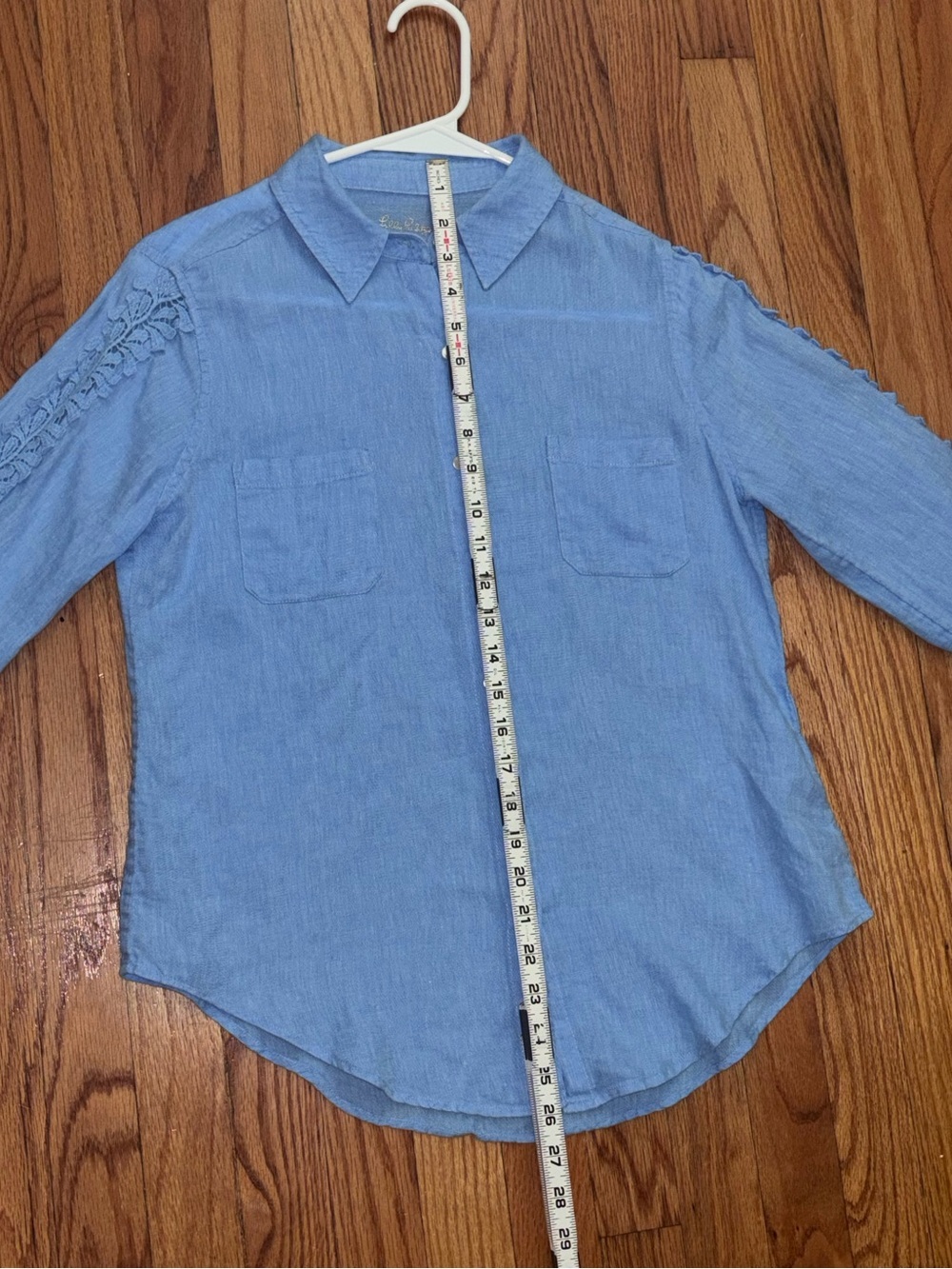 Lilly Pulitzer Blue 100% Linen Lace Sleeve Button Front Shirt Women’s XS - Picture 8 of 10